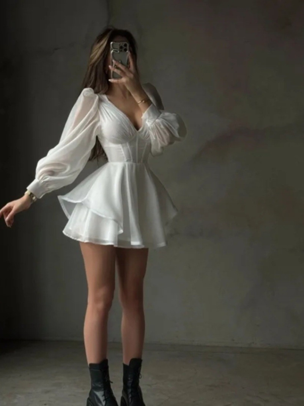 White Puff-Sleeve Mini Dress with Layered Skirt